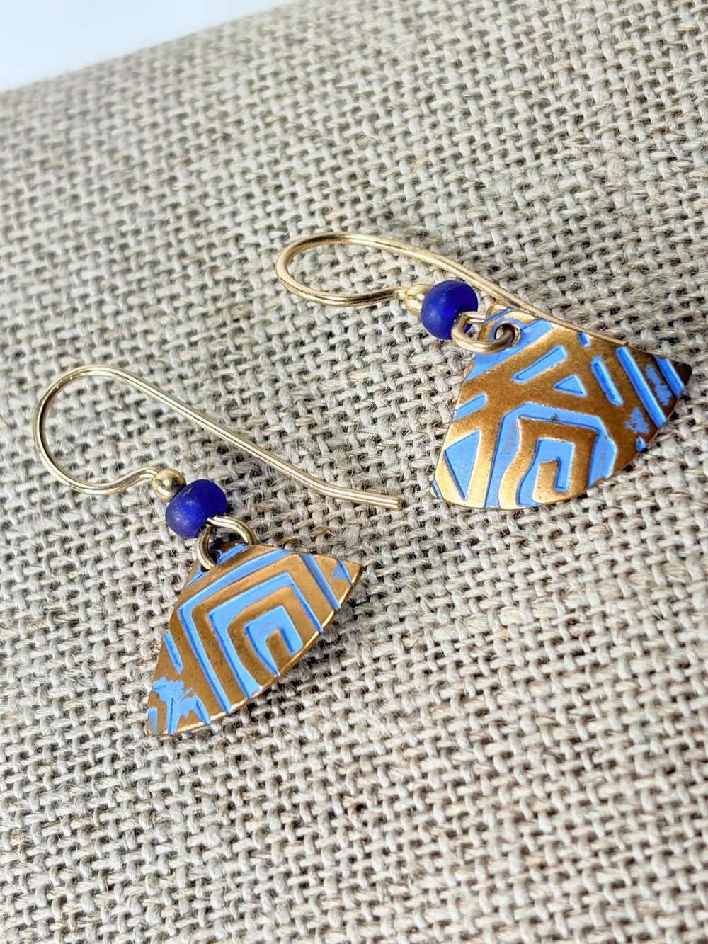 Artisan Small Geometric Triangular Fan Shaped Dangle Blue Gold-tone Earrings
